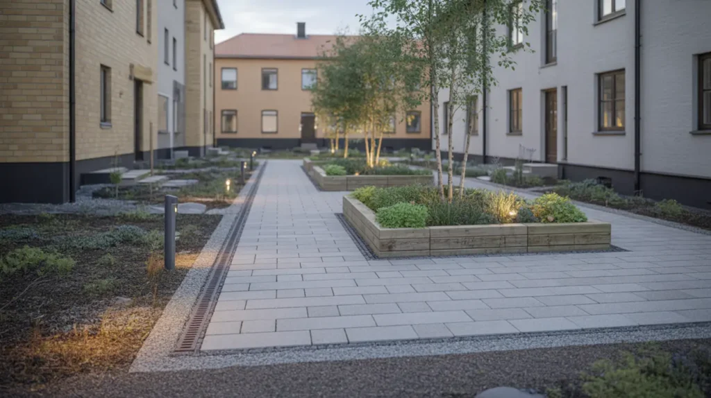upprustning av innerg rd med marksten och belysning i tureberg sollentuna